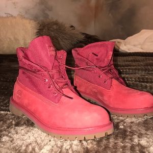 Red Timberland Roll Top Boots